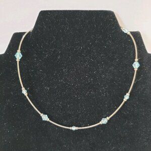 Choker Necklace Stretch Adjustable Silver Tone Blue Beads